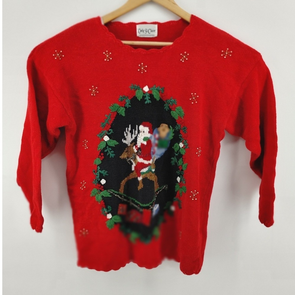 Vintage Christmas Red Sweater Santa Reindeer Gingerbread Beaded Snowflakes Large